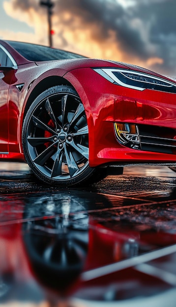 a red sports car is parked on a wet street