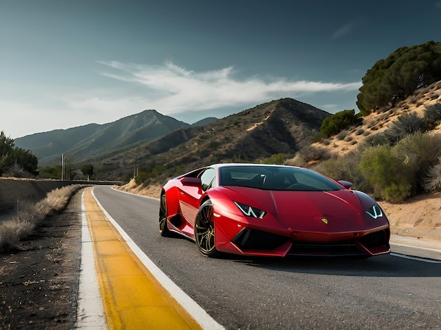 A red sports car is on the road with mountains in the background