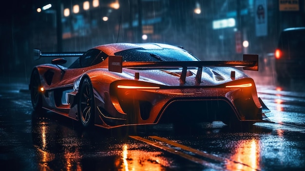 A red sports car in the rain with the lights on