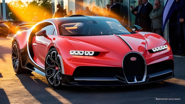 a red sports car with a black roof is driving down a street