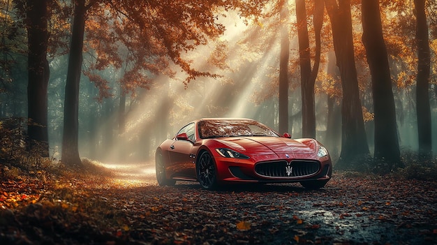 a red sports car with the sun shining on the roof