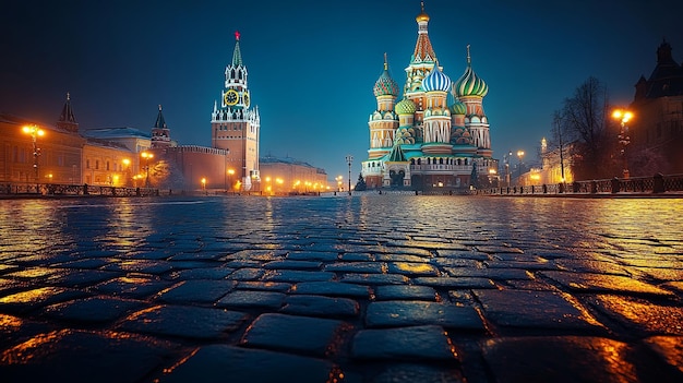 Photo red square illuminated night cityscape