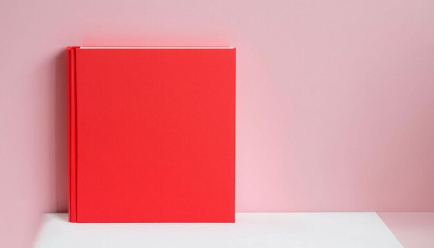 A red square sits on a white table with a pink background.