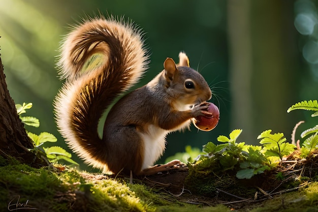 A red squirrel eats a nut in a forest.