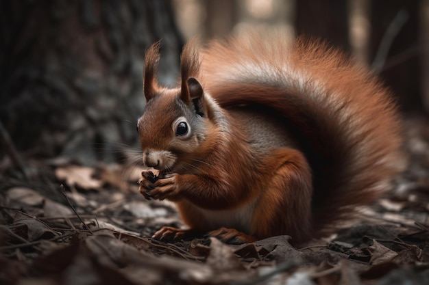 A red squirrel sits in a forest and eats a nut.