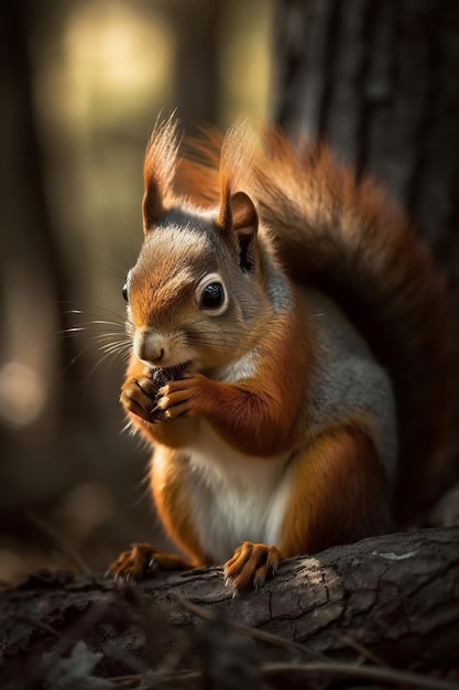 A red squirrel sits on a tree trunk and eats a nut.