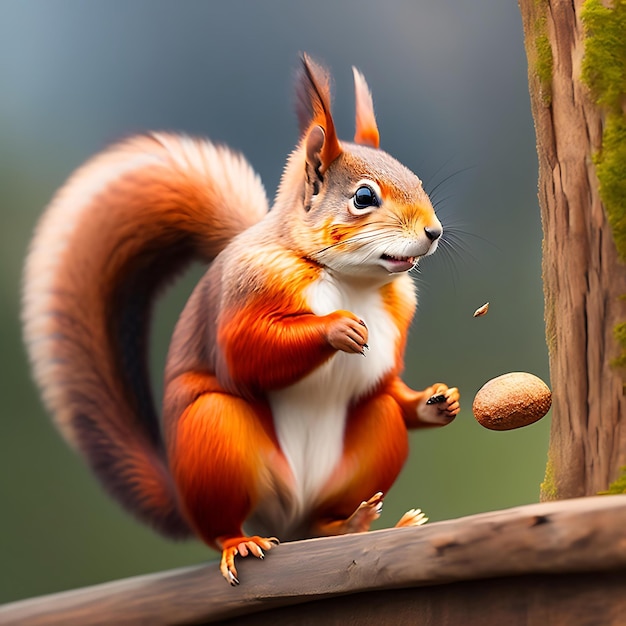 Red squirrel takes a nut from hands