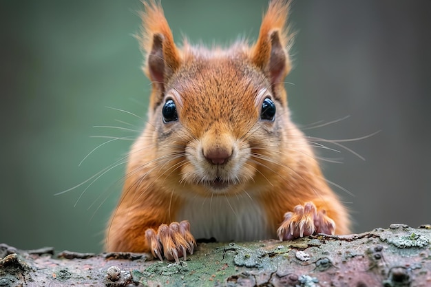 Red squirrel on tree branch against blurred green background