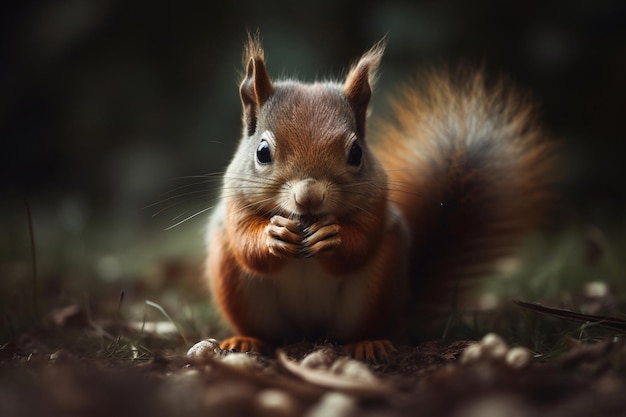 A red squirrel with a black background and a dark background.