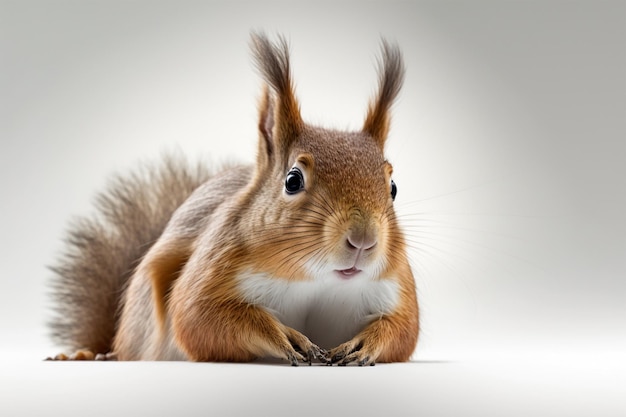 A red squirrel with white chest and white chest sits on a white surface.