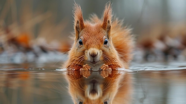 Photo a red squirrels reflection in a still pond