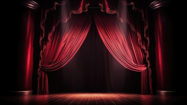 Red stage curtain with arch entrance stage with light generative ai