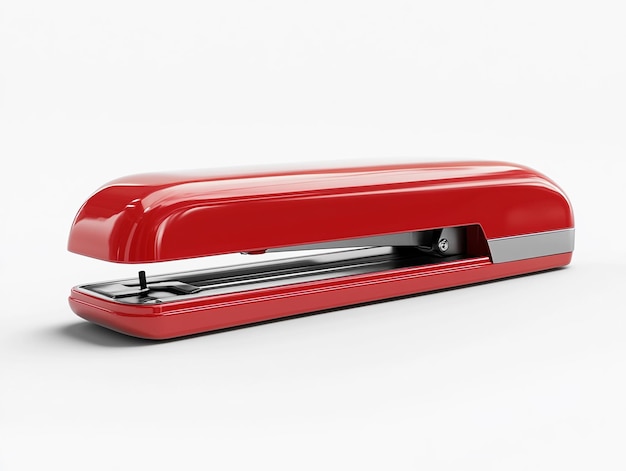 Photo red stapler with sleek design and metal components isolated on white background