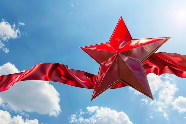 A red star with a ribbon in the sky