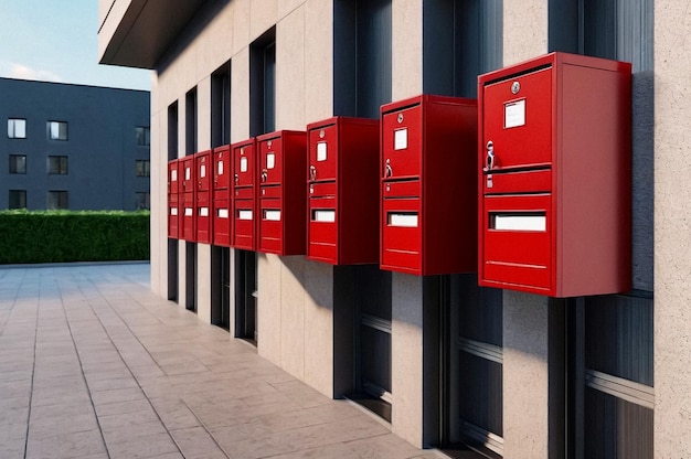 Photo red steel mailboxes in an apartment residential building inside modern rows of numbered mailbox crea