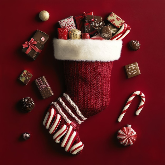 Red stocking filled with Christmas treats chocolates candy canes and ornaments scattered around on a red background