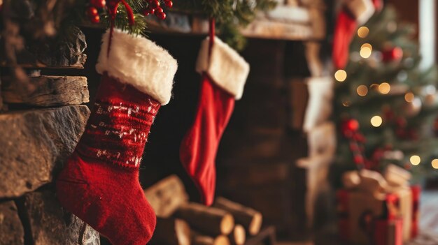 A red stocking sits on a fireplace mantle next to a Christmas tree