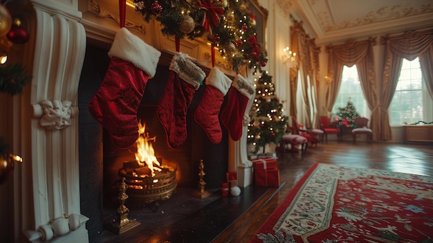 Red stockings hang above a roaring fireplace in a festive living room