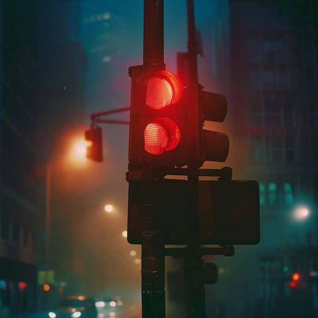 Photo a red stop light is lit up on a dark night