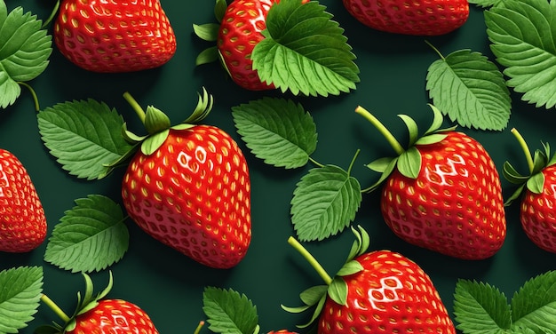 Red strawberries with green leaves on a dark green background