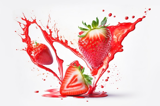 red strawberry falling into milk yogurt splash