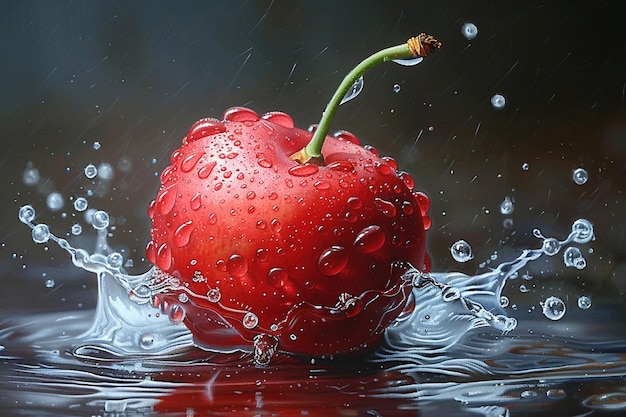 a red strawberry is being splashed with water