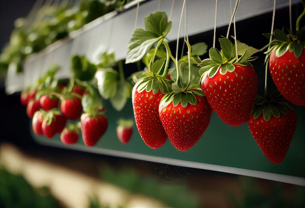 Red strawberry plants on the branches in an ecological greenhouse Generative AI