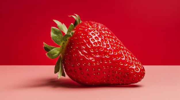 A red strawberry on a table with a red background.