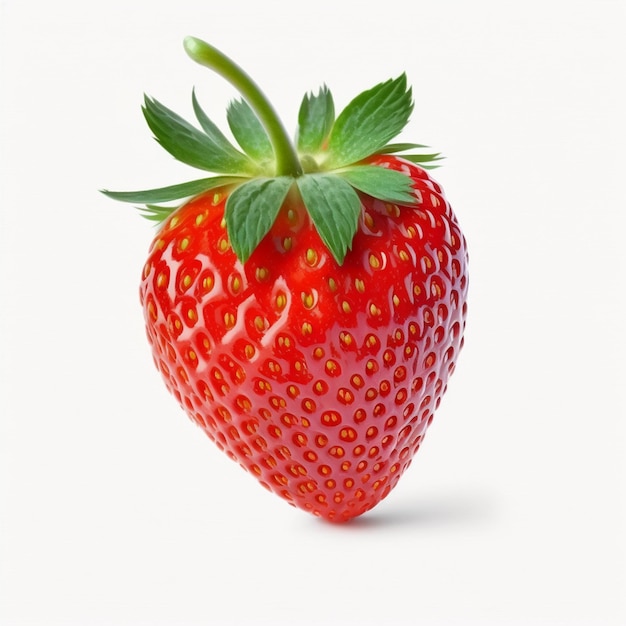 A red strawberry with a green leaf on it