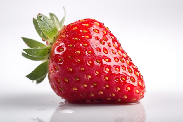 A red strawberry with a green leaf on the top.