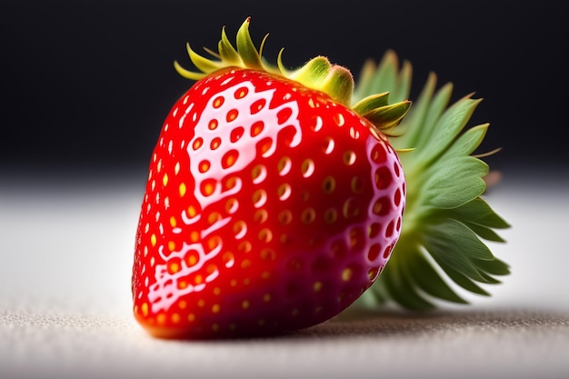 A red strawberry with green leaves sits on a table.