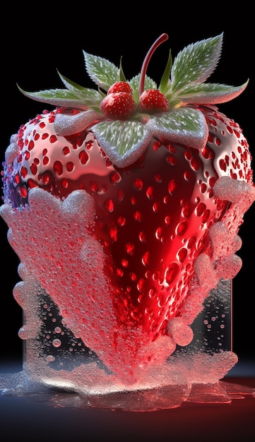 A red strawberry with a white cap and green dots on it.