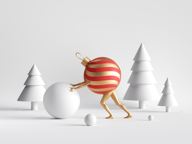 Red striped Christmas ball cartoon character with golden mannequin legs plays snow balls