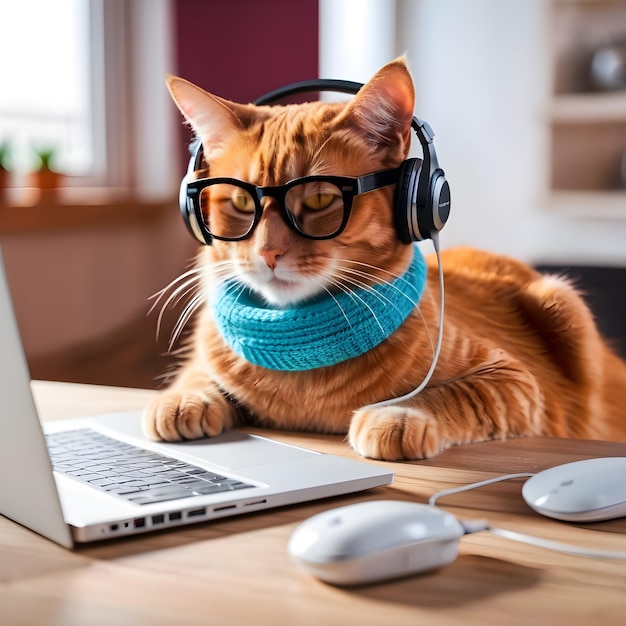 Red stylish colored cat in glasses listens to music playing on a 3d laptop It is nodding its head