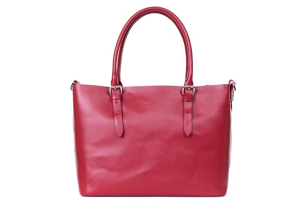 Red stylish ladies leather bag on a white background