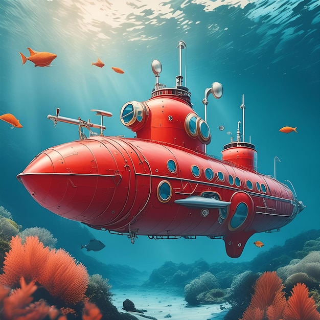 a red submarine is under the water and has many small fish in it