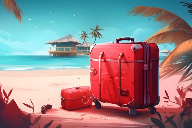 A red suitcase on a beach with a palm tree in the background.