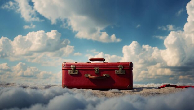 Photo red suitcase flying on the blue sky among white clouds with space for copy