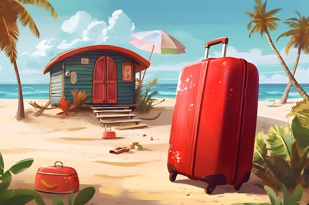 A red suitcase is on the beach next to a hut.