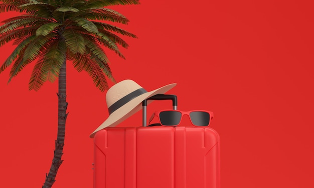 Red Suitcase Palm tree hat and sun glasses on red background Vacation on the beach 3d rendering