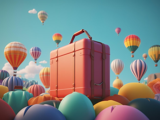 A red suitcase stands among colorful balloons in a colorful sky.