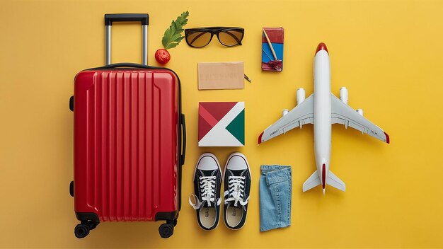 a red suitcase with a picture of a travel bag and a red suitcase