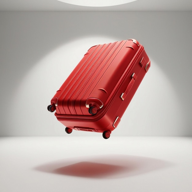 Photo a red suitcase with a red handle is flying above it