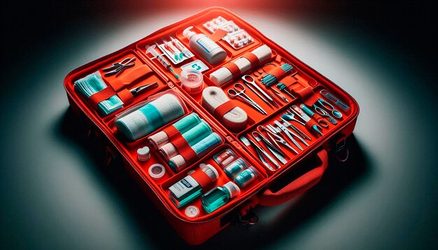 Photo a red suitcase with tools including tools and tools