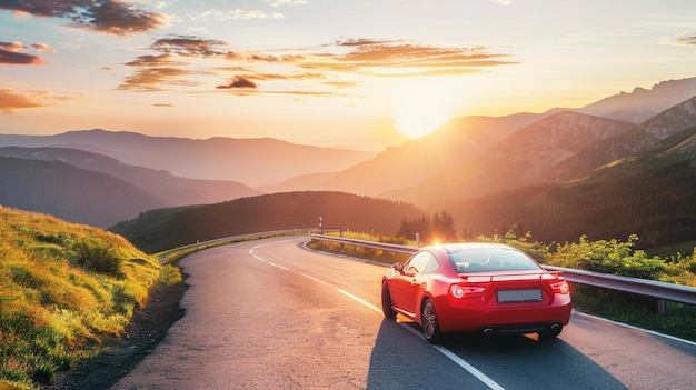 Red summer car on mountains road and summer sunset