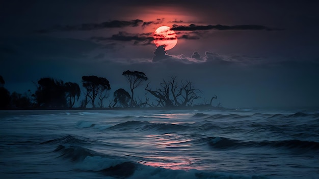 a red sun is setting over the ocean with trees in the foreground