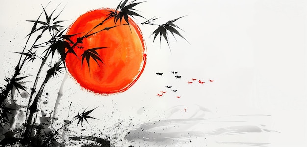 Photo red sun rising over bamboo forest and birds