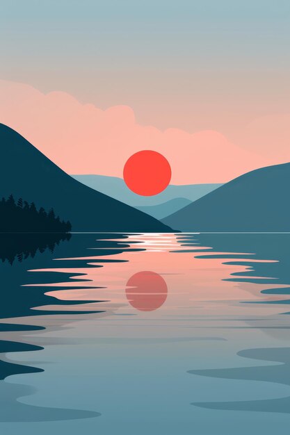 Photo red sun sets over tranquil lake minimalist landscape vector illustration serene evening