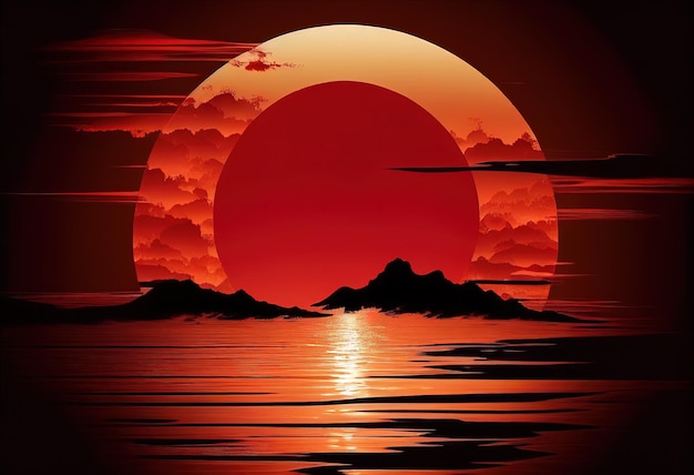 Red sun sunrise illustration AI generative