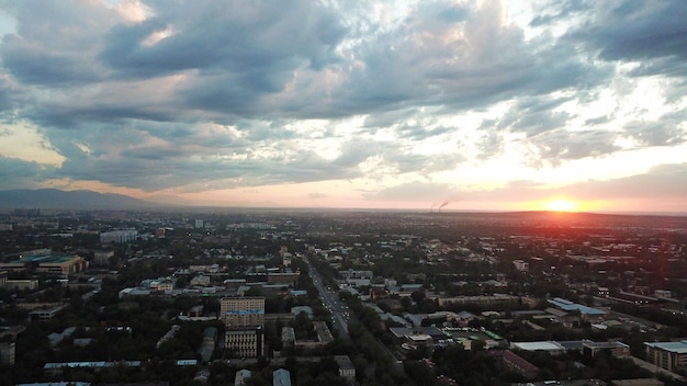 Red sunset over the city of almaty